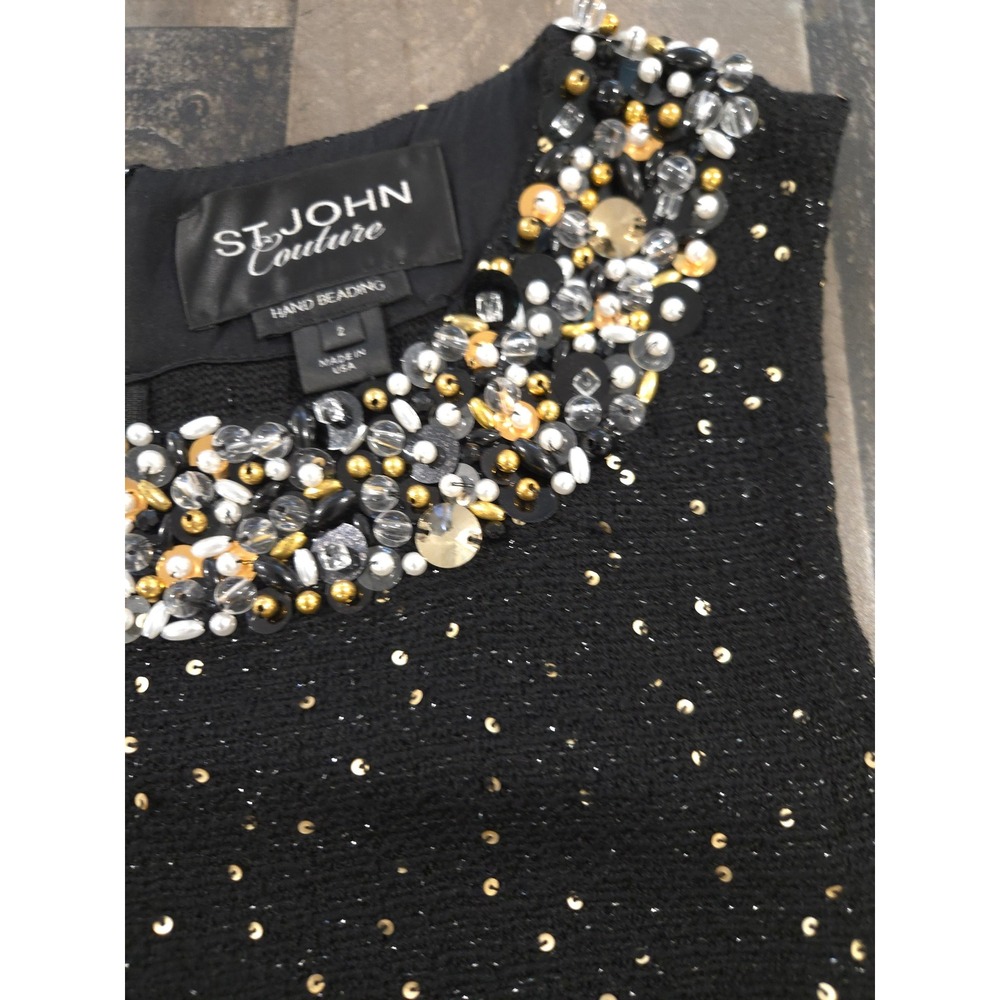 St John Couture Black Sequin Santana Knit Hand Beaded Dress Size 2 Made in USA - Picture 10 of 16